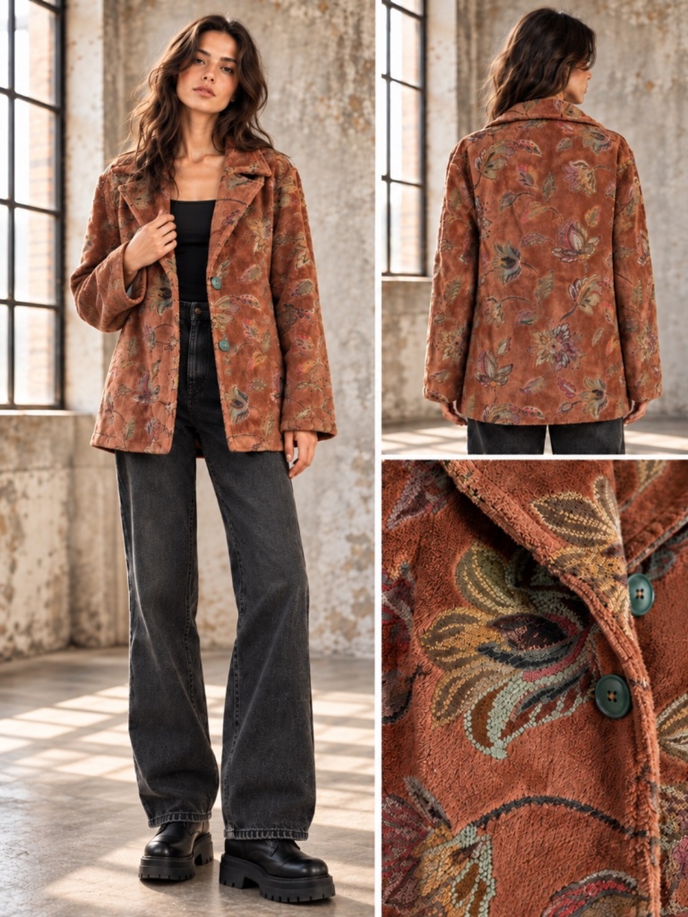 Silverado Vintage Rust Brown Floral Textured Button Front Jacket M